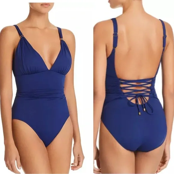 Lauren Ralph Lauren Slimming Corset Blue Lace Up Back V Neck